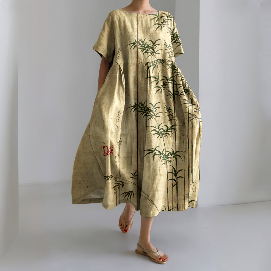 Comstylish Bamboo Japanese Art Print Casual Loose Dress
