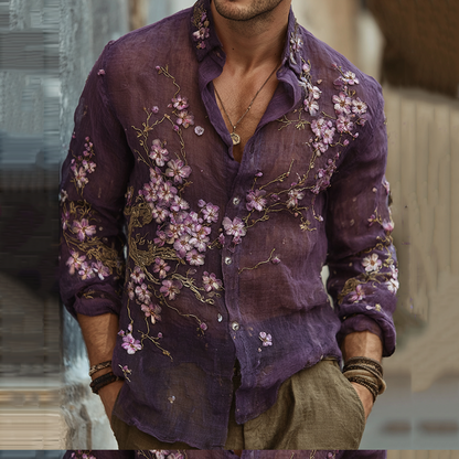 Men's Vintage Japanese Sakura Embroidered Art Lapel Long Sleeve Linen Shirt artswardrobe