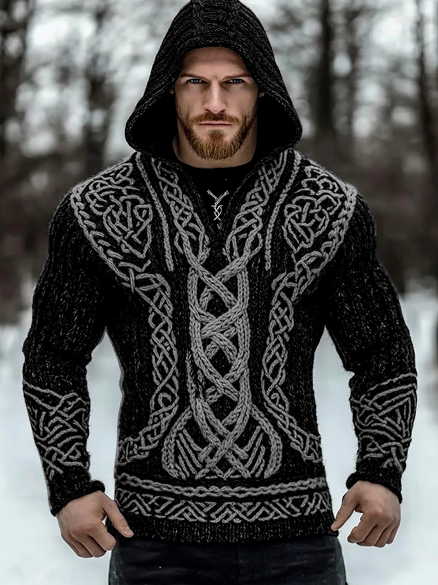 Men's Viking Tribal Jacquard Inspired Celtic Hooded Sweater elevenforest