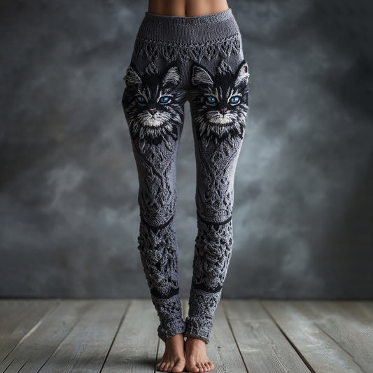 Women's Cute Cat Face Embroidered Art Cozy Knit Leggings elevenforest
