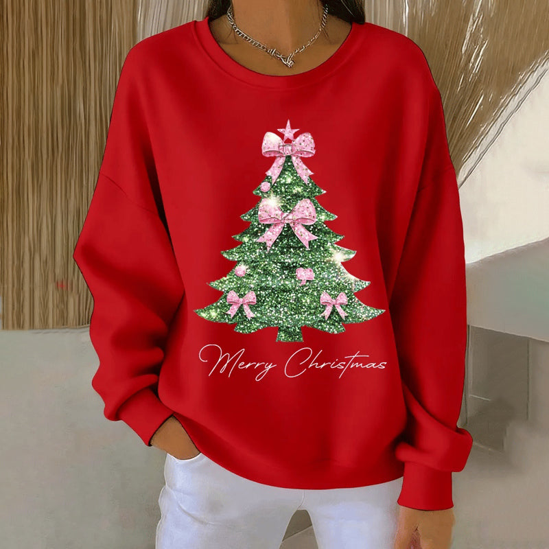 Comstylish Women's Christmas Tree Print Crew Neck Casual Sweatshirt