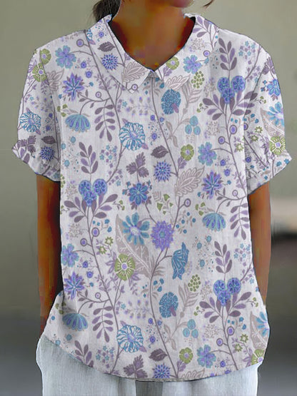 Comstylish Women's Pastoral Floral Art Print Casual Cotton Linen Shirt