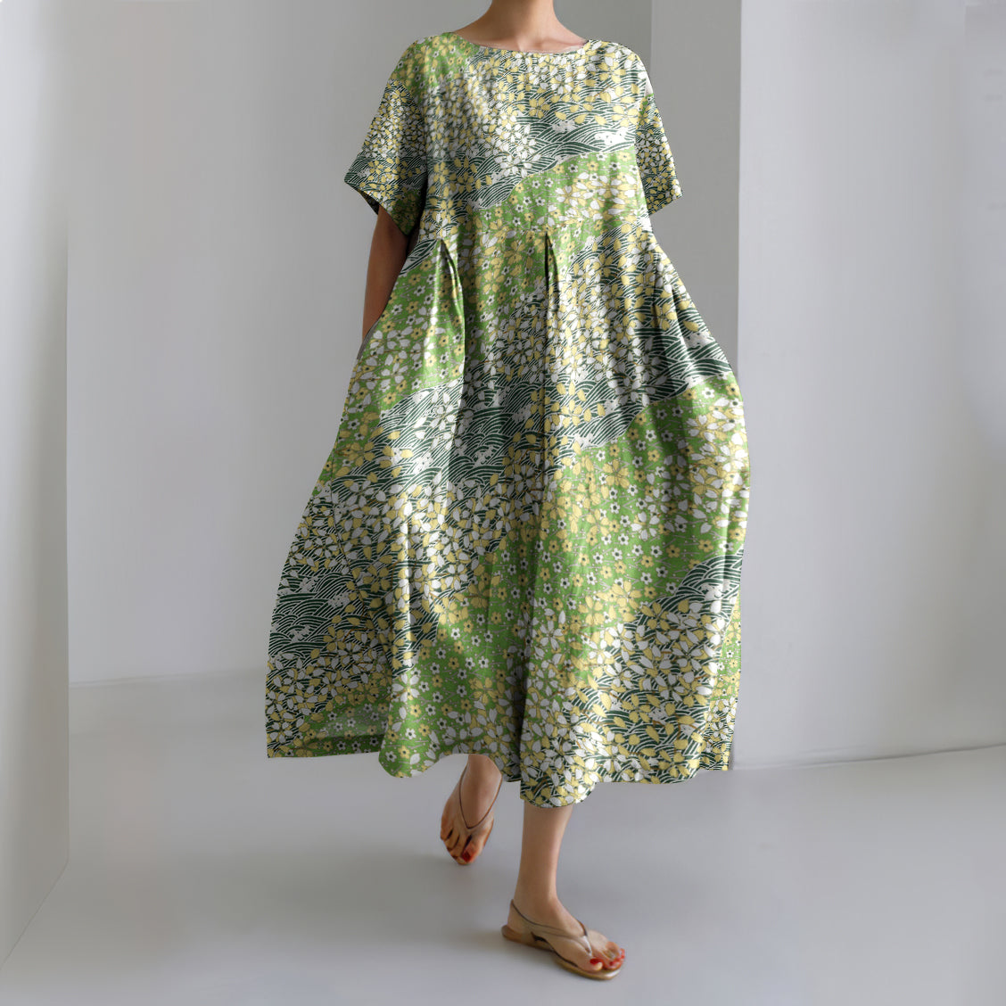 Comstylish Japanese Art Floral Chiyogami Painting Print Linen Blend Dress
