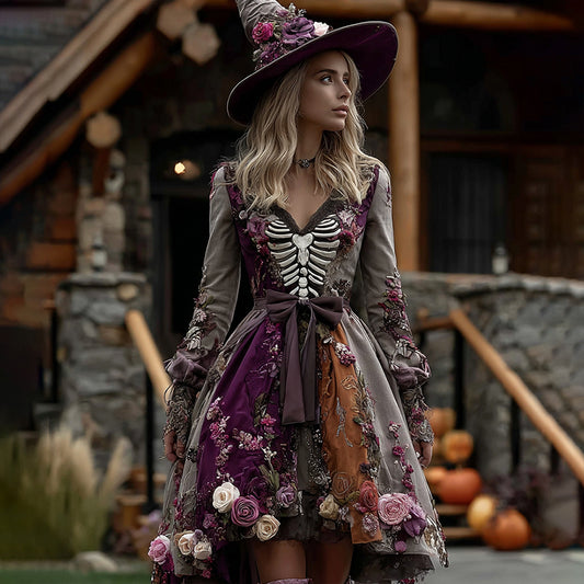 Comstylish Women's Halloween Rose And Skull Casual Midi Dress
