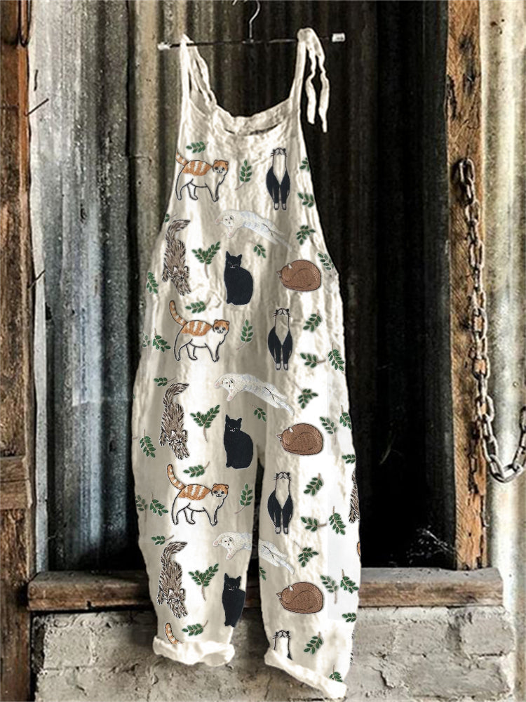 Cats & Leaves Embroidery Pattern Linen Blend Jumpsuit elevenforest
