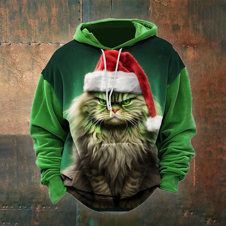 Men's Santa's Cat Christmas Pattern Pocket Hoodie elevenforest