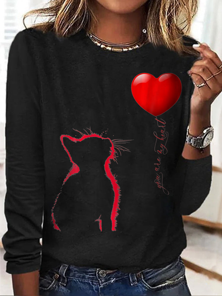 You Are My Heart Cat Casual Long Sleeve T-Shirt elevenforest