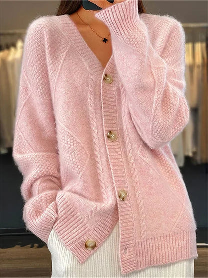 Kaschmirmix-Strickjacke mit zartem Zopfbesatz und Knopfleiste