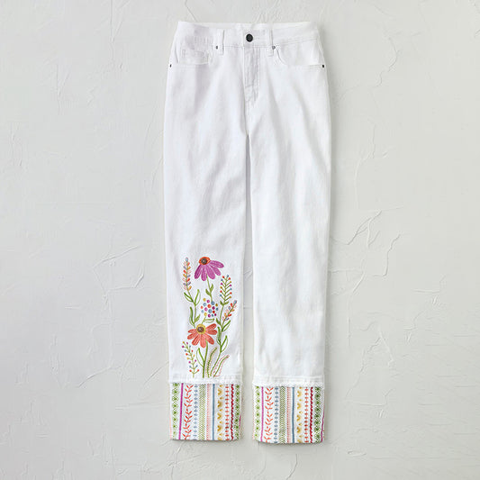 Comstylish Retro Colorful Flowers Embroidered Art Inspiration Design Jeans