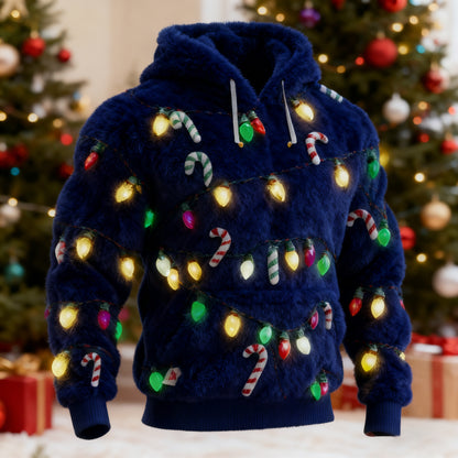 Comstylish Men's Ugly Christmas Lights Pattern Flannel Hoodie