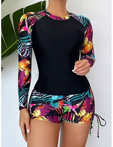Tankini 2 Piece Swimsuit Ruched Palm Shorts Tummy Control High Waist Slim Backless Vacation Beach Wear Leaves Round Neck Long Sleeve Bathing Suits