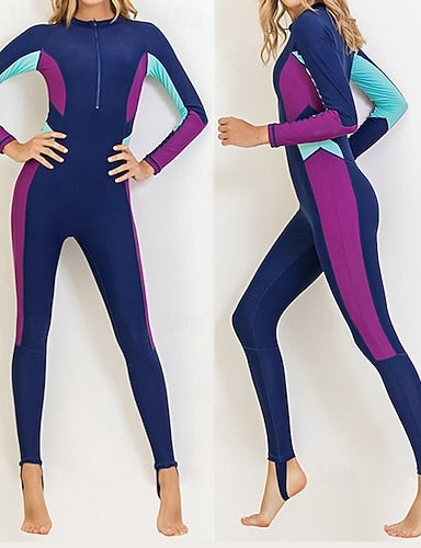 Full Body Rash Guard One Piece Surfing Suit Color-blocking With Built in Bra Upf 50+ Tummy Control Long Sleeve Diving Suit Surfing Canoeing Snorkeling Winter