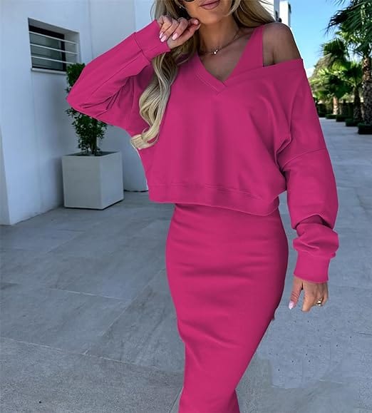 MW | Lockerer V-Ausschnitt Pullover + Gestrickter Wickelrock Set mit schmaler Passform an der Hüfte