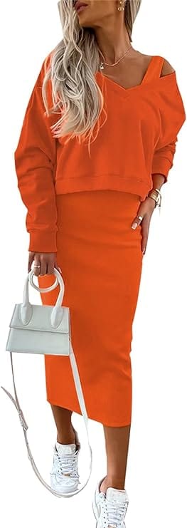 MW | Lockerer V-Ausschnitt Pullover + Gestrickter Wickelrock Set mit schmaler Passform an der Hüfte