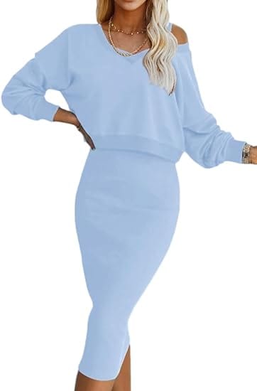 MW | Lockerer V-Ausschnitt Pullover + Gestrickter Wickelrock Set mit schmaler Passform an der Hüfte