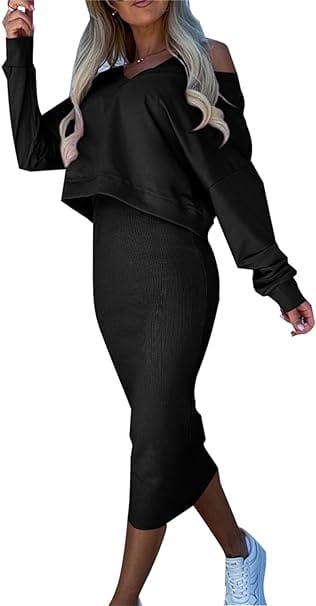 MW | Lockerer V-Ausschnitt Pullover + Gestrickter Wickelrock Set mit schmaler Passform an der Hüfte