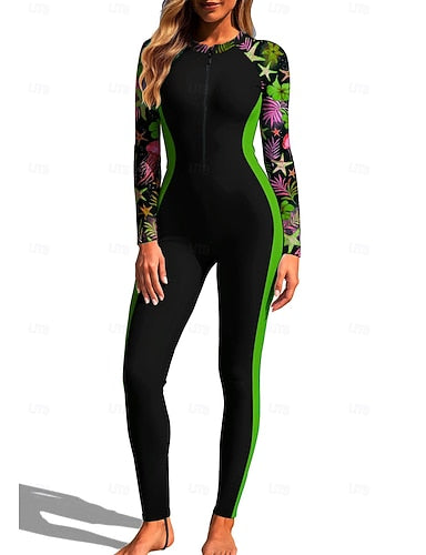 Rash Guard Full Body Rash Guard One Piece Surfing Suit Tropical Color-blocking Zip Up With Built in Bra Front Zip Uv Sun Protection Full Coverage Upf50+ Long Sleeve Full Body Swimwear