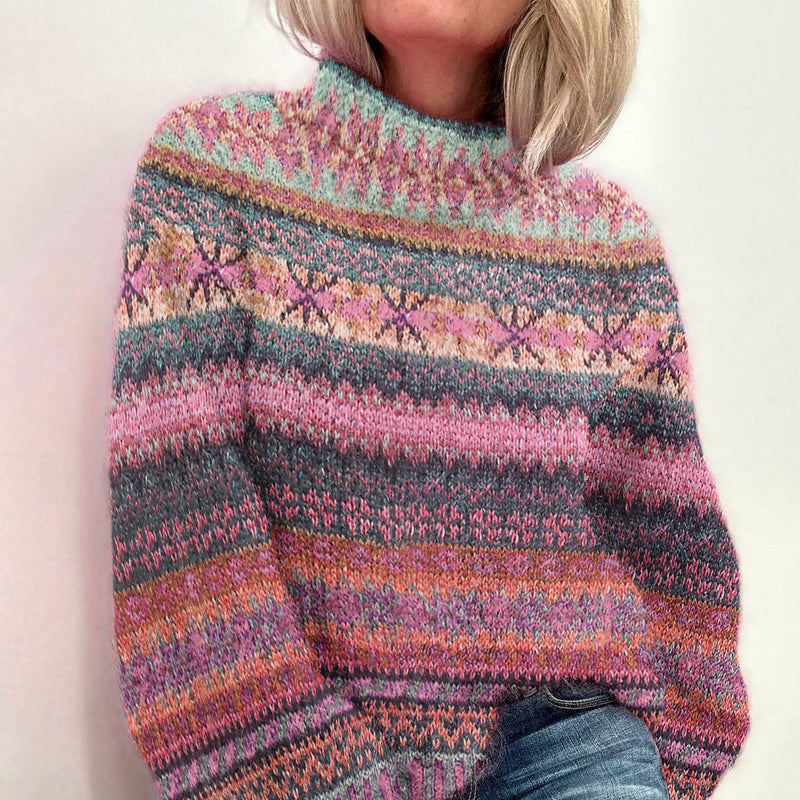 Baumwoll-Strickpullover mit pastellfarbenen melierten Streifen und Stehkragen