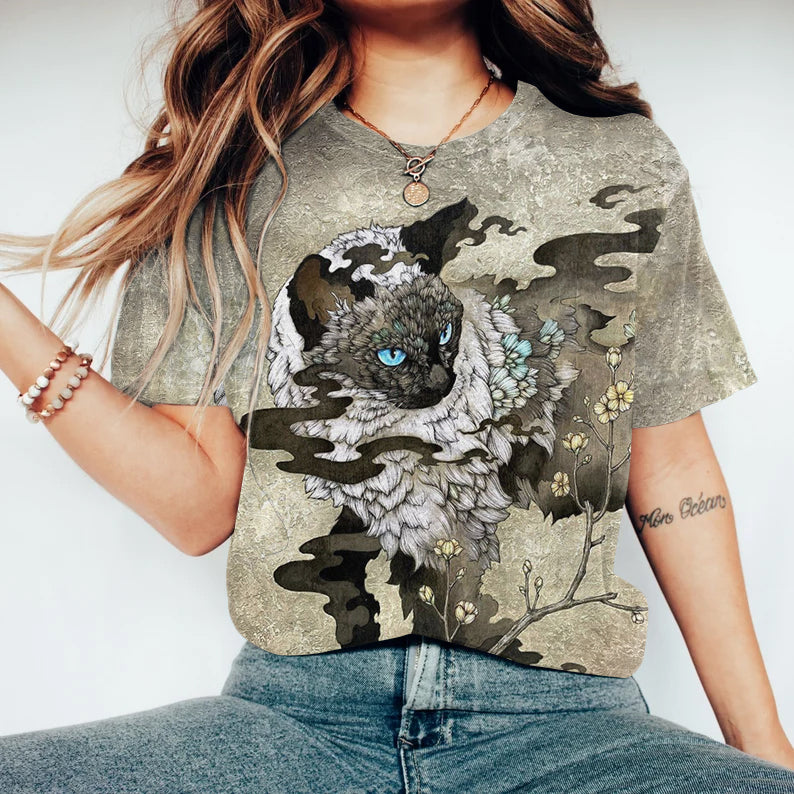 Vintage Art Cat Print Round Neck Casual T-Shirt elevenforest