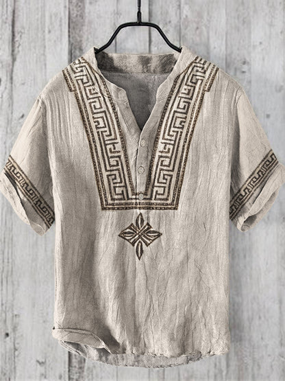 Vintage Greek Pattern Men's V-neck Linen Shirt artswardrobe