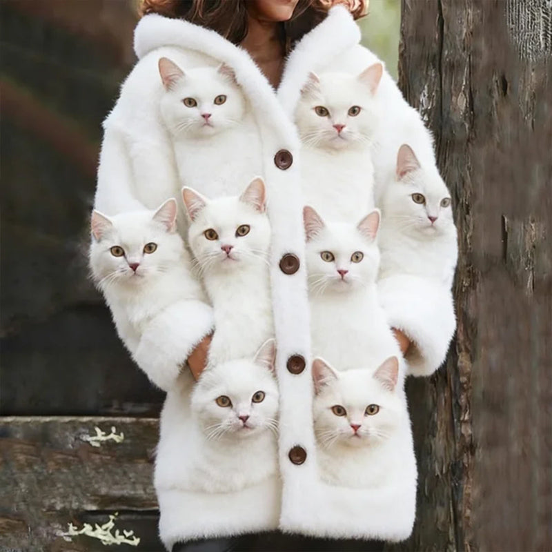 Woll-Strickjacke mit vielen Katzen-Print