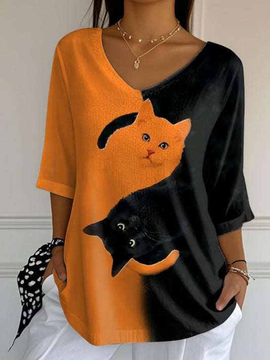 Women's Autumn Cat Printed T-shirt elevenforest