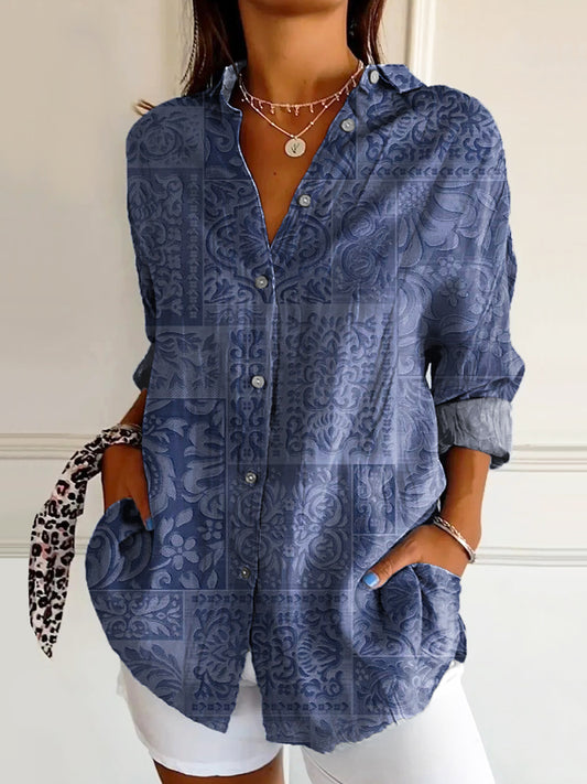 Women's Vintage Floral Art Print Casual Cotton Shirt