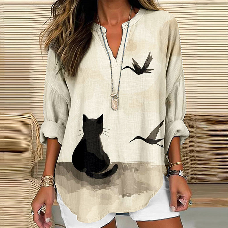 Japanese Ink Cat Art Print Vintage Linen Tunic elevenforest