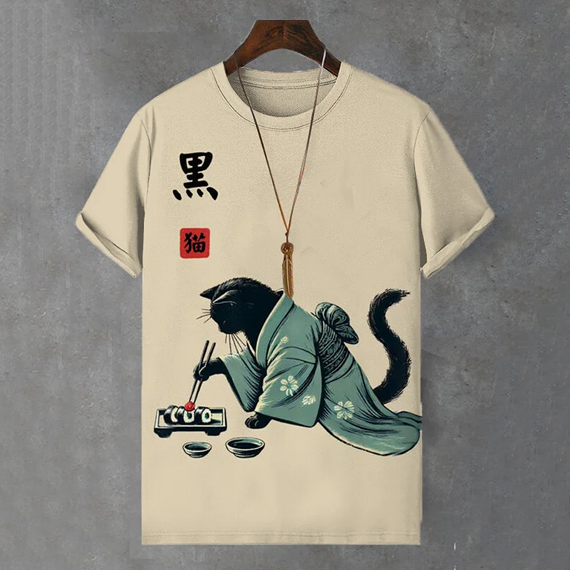 Men's Black Cat Japanese Art Painting Print Comfortable T-shirt elevenforest