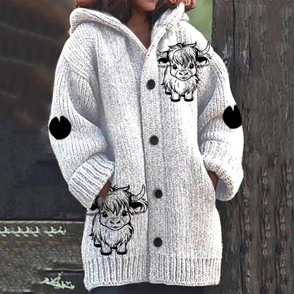 Women's Animal Highland Cow Print Knitted Cardigan artswardrobe