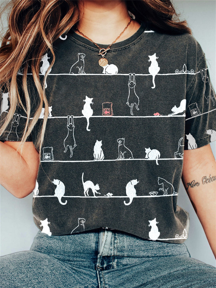 Lovely Cats Striped Vintage Washed T Shirt elevenforest