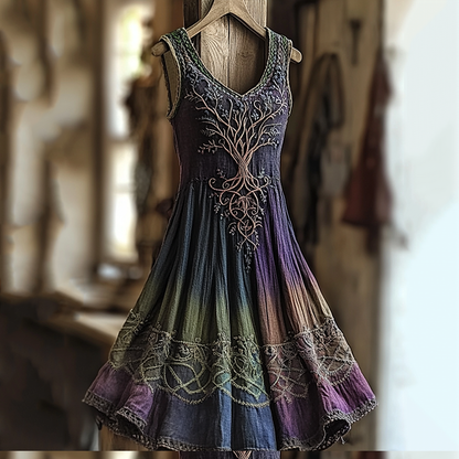 Women's Vintage Viking Tree Of Life Color Gradient Linen Dress artswardrobe
