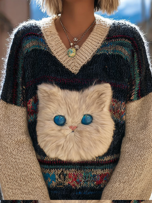 Women's Colorful Striped Plush Cat Pattern Embroidered V-neck Knit Sweater elevenforest
