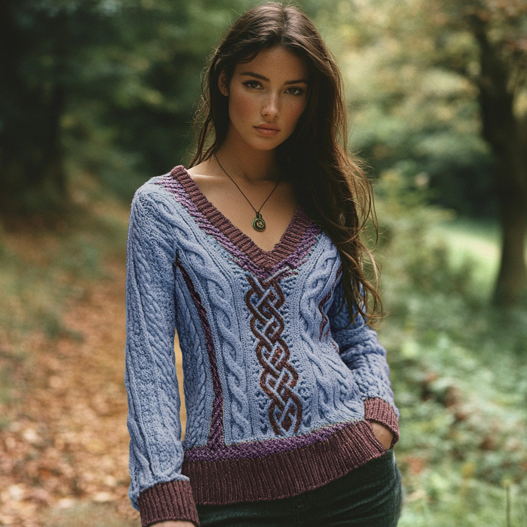 Vintage V-neck Knitted Two-tone Jacquard Irish Aran Sweater artswardrobe