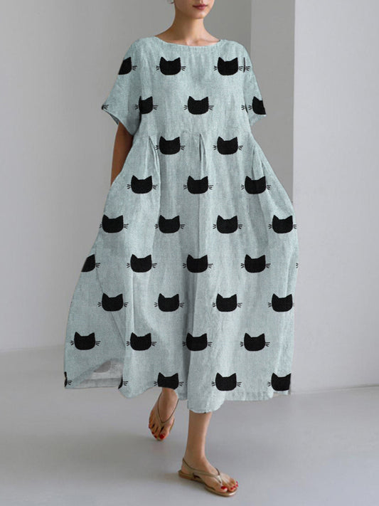 Comstylish Black Cat Japanese Art Linen Blend Maxi Dress