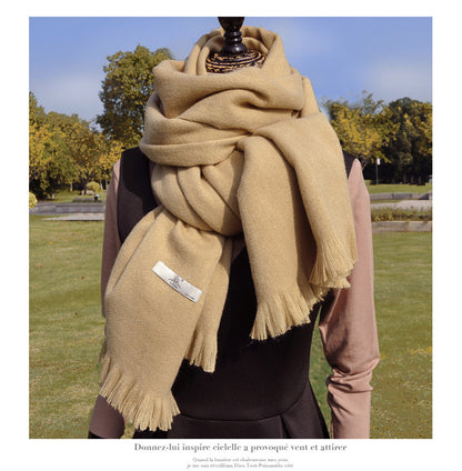 Women's Solid-color Cashmere Scarf with Thick Tassels