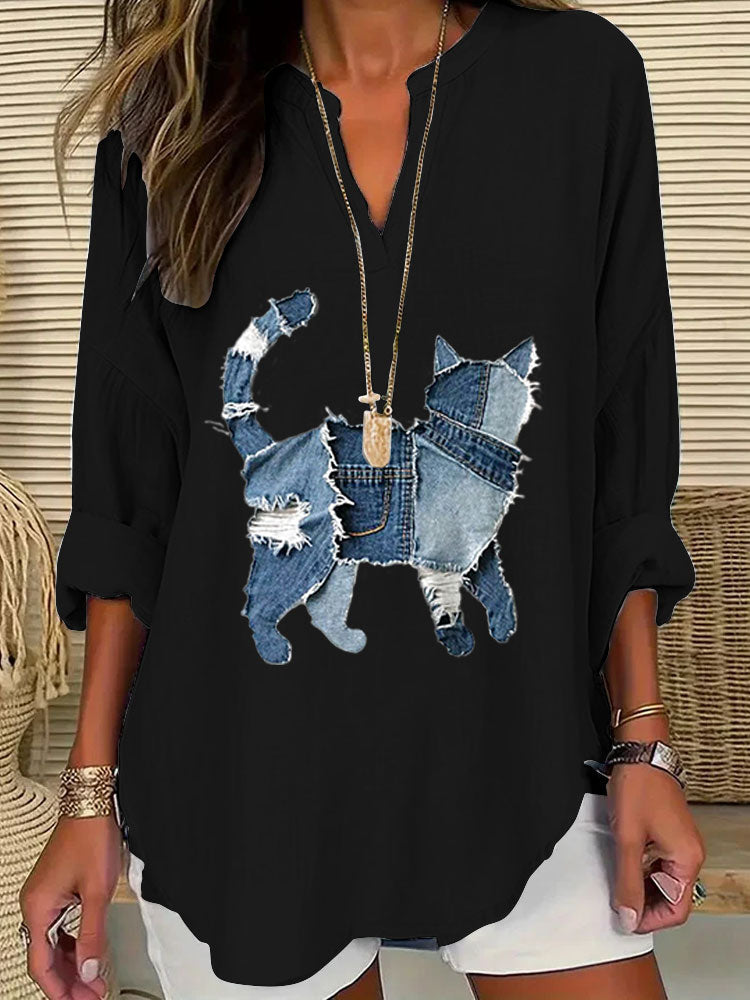 Women's Casual Funny Denim Cat Print T-shirt elevenforest
