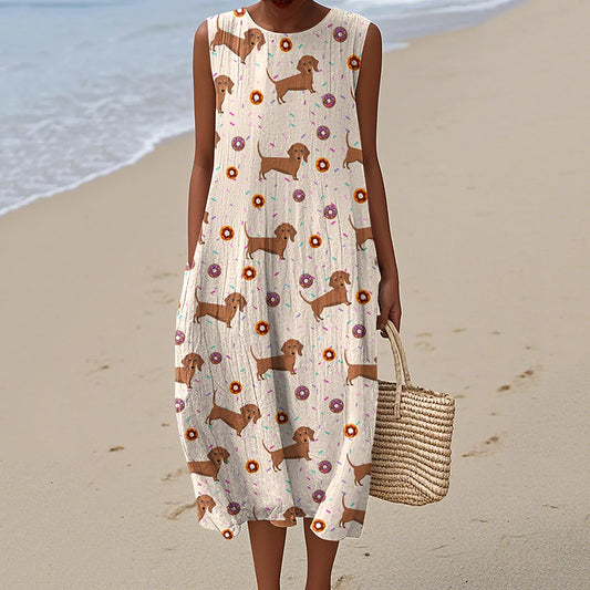 Comstylish Women's Cute Dachshund Print Crew Neck Tank Midi Dress