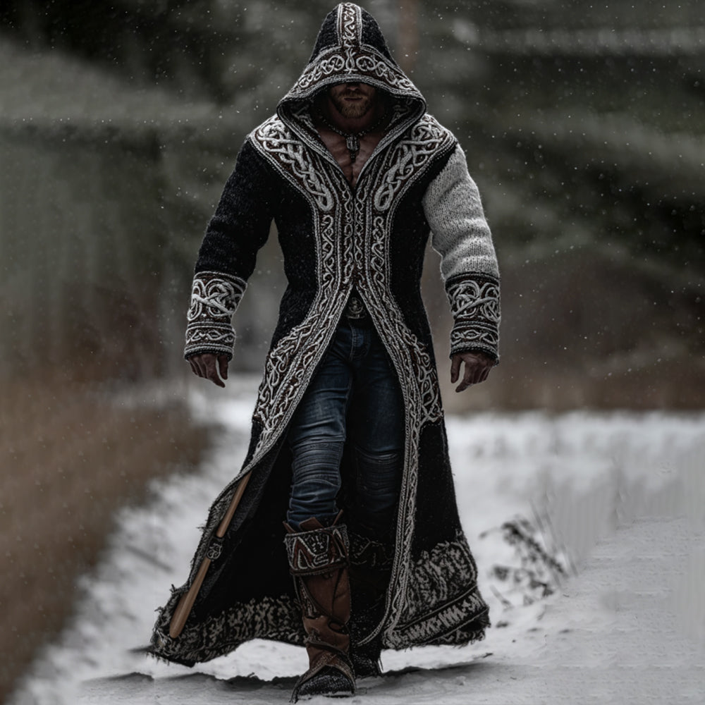 Men's Viking Style Celtic Knot Black And White Hooded Cardigan Long Sweater artswardrobe