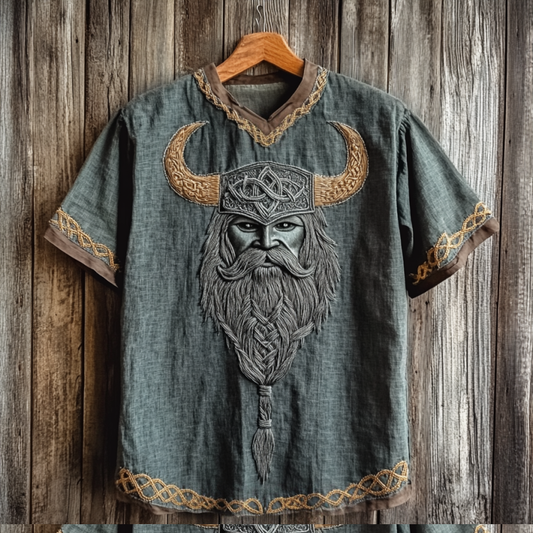 Men's Viking Tribal With Celtic Knotwork Embroidered Linen T-shirt artswardrobe
