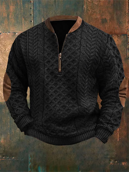 Men's Retro Western Textured Print Zipper Neck Knit Sweatshirt artswardrobe