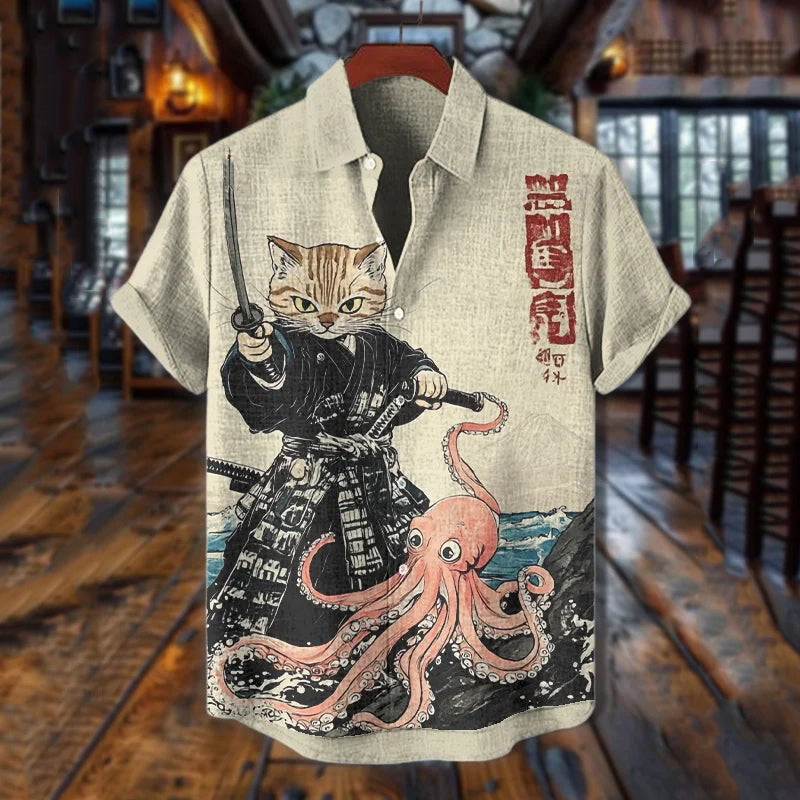 Men's Japanese Art Octopus Cat Warrior Print Short Sleeve Shirt elevenforest
