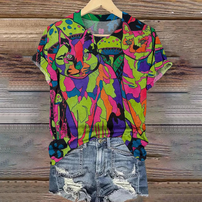 Pop Art Color Block Cat Round Neck T-shirt elevenforest