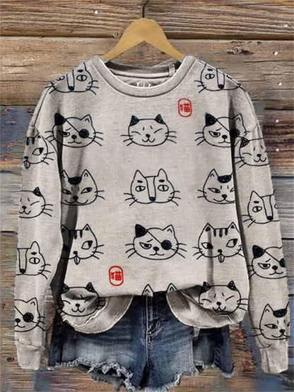Lovely Cats Faces Japanese Pattern Sweatshirt elevenforest