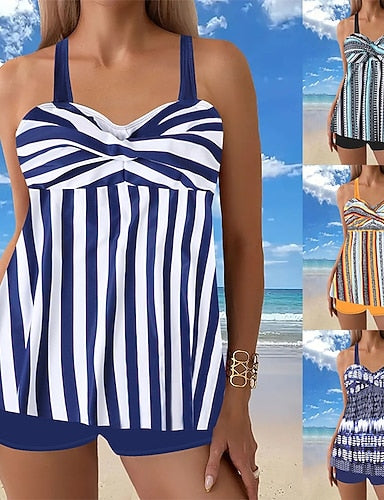 Tankini 2 Piece Swimsuit Shorts Tummy Control High Waist Slim Backless Vacation Beach Wear Geometric Striped V Neck Sleeveless Bathing Suits