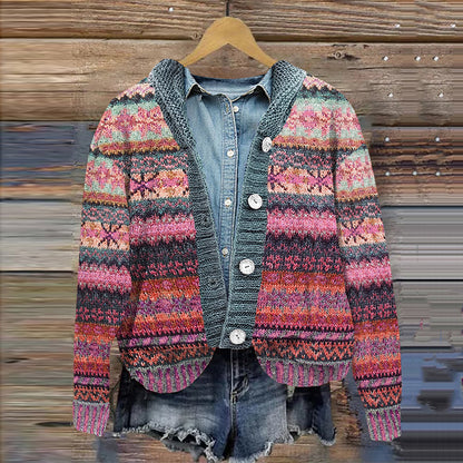 Vintage Knitted Snowflake Geometric Print Button Hooded Cardigan elevenforest
