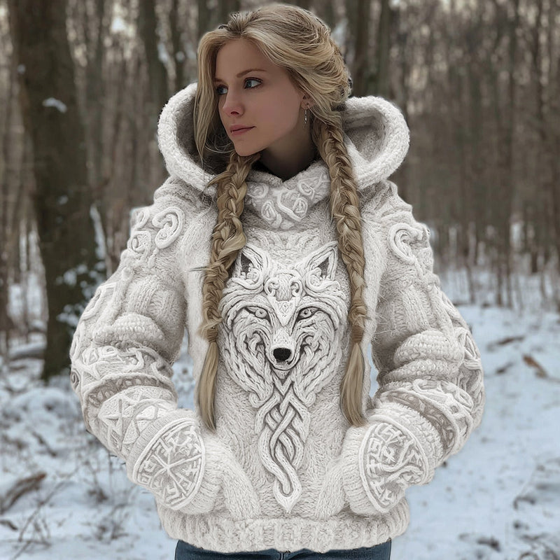 Baumwollmix-Kapuzenstrickjacke mit keltischem Wolfsmotiv