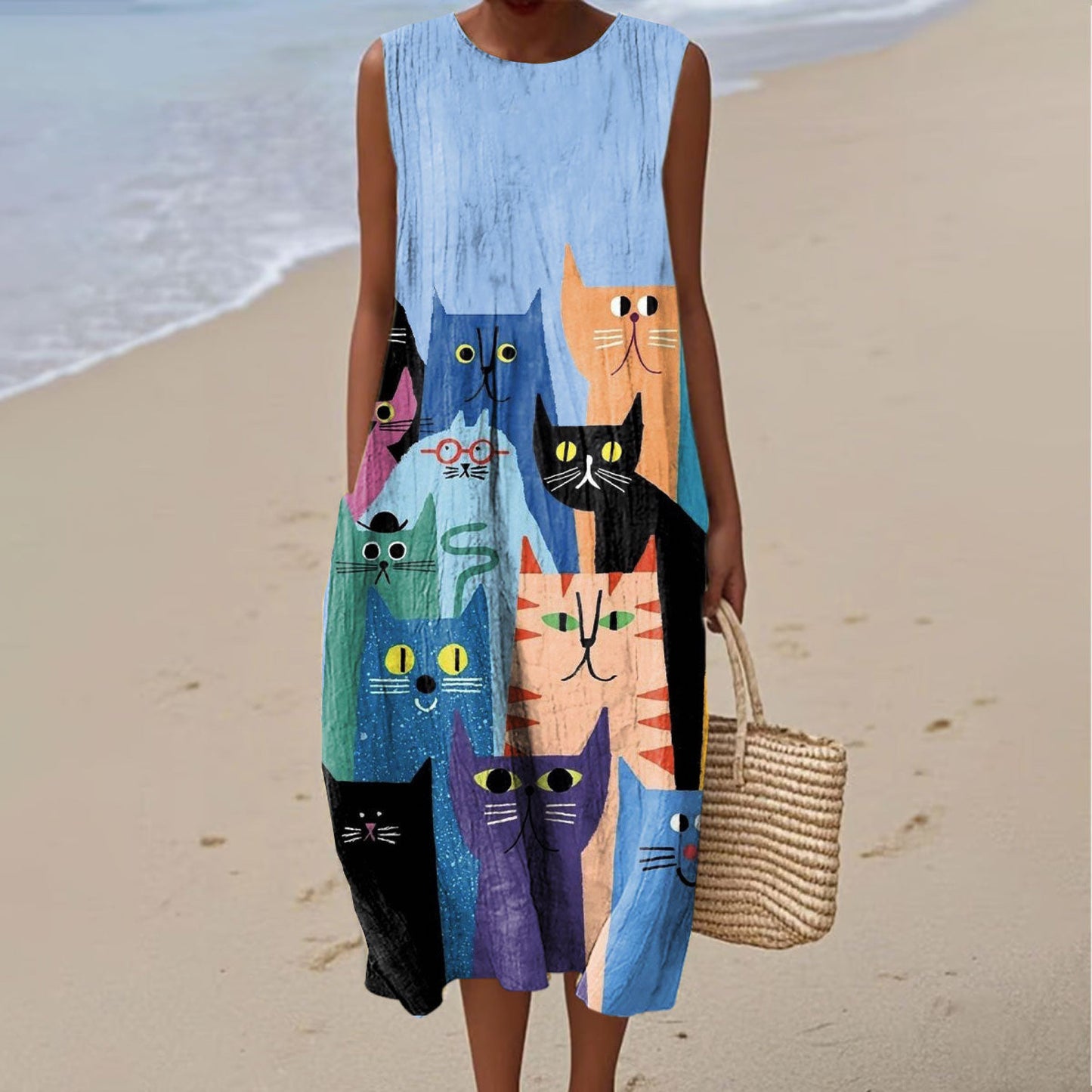 Women's Fashion Colorblock Cat Art Print Sleeveless Dress elevenforest