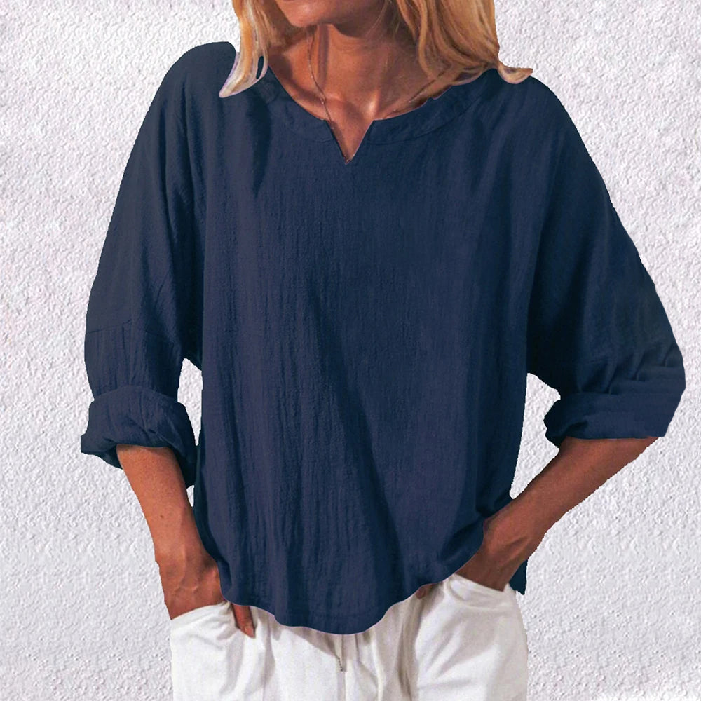 Comstylish Casual Loose V-Neck Linen Long Sleeved Blouse
