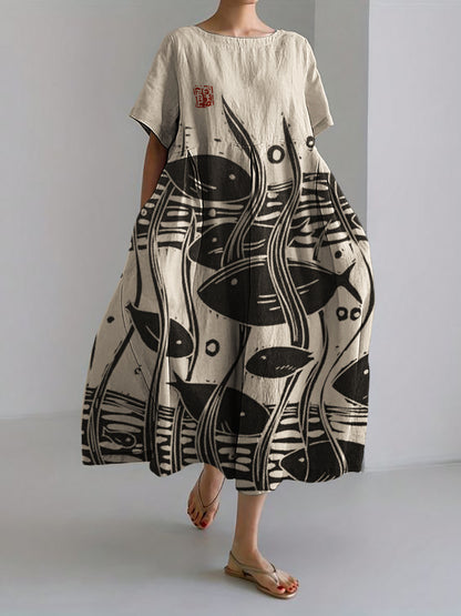 Comstylish Fish under Sea Japanese Lino Art Linen Blend Maxi Dress